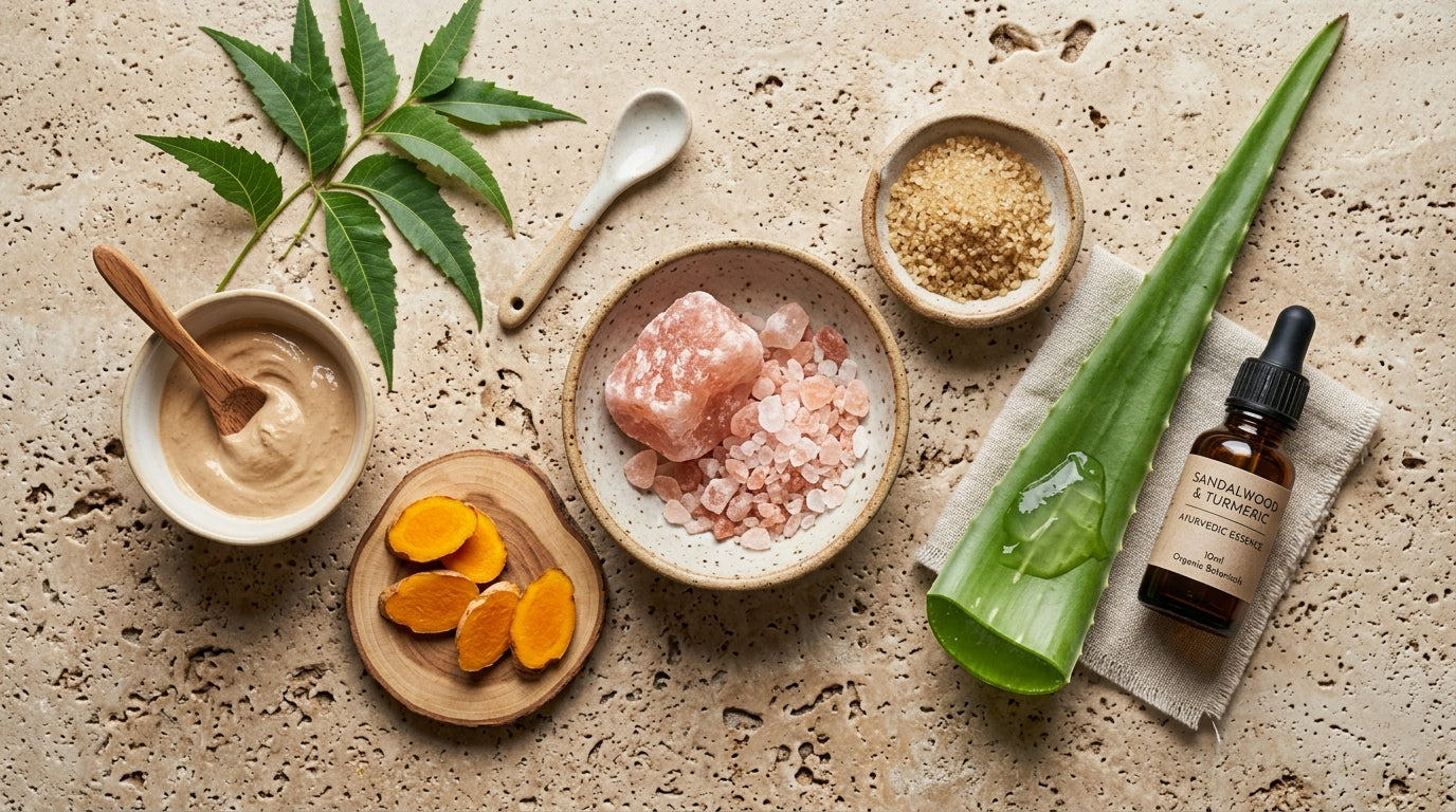 Ayurvedic raw botanicals flatlay